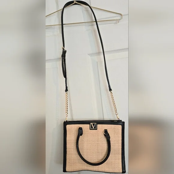 Victoria's Secret Structured Satchel Straw Tote Black Tan Women Crossbody NWOT - Picture 2 of 16